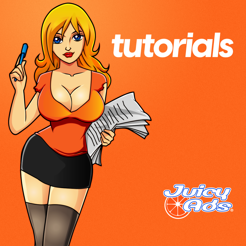 Adsistant tutorial character from JuicyAds holding documents and pen on orange background