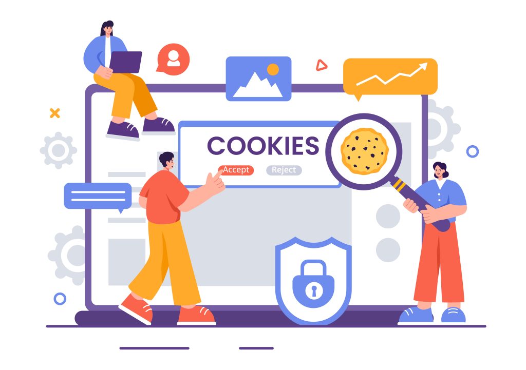 Cookie character surrounded by privacy, targeting and performance icons representing the future of digital ad targeting