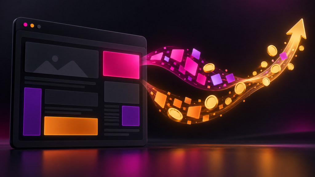 Illustration of website ad placements with two colorful streams representing Direct Buys and Filler Ads.